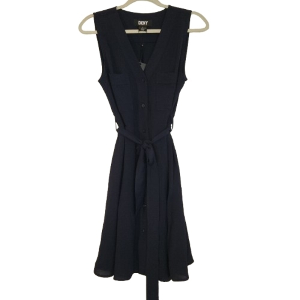 NWT DKNY Navy Blue Sleeveless Shirt Dress With Tie Size 10 Lightweight Flowy - Picture 14 of 14
